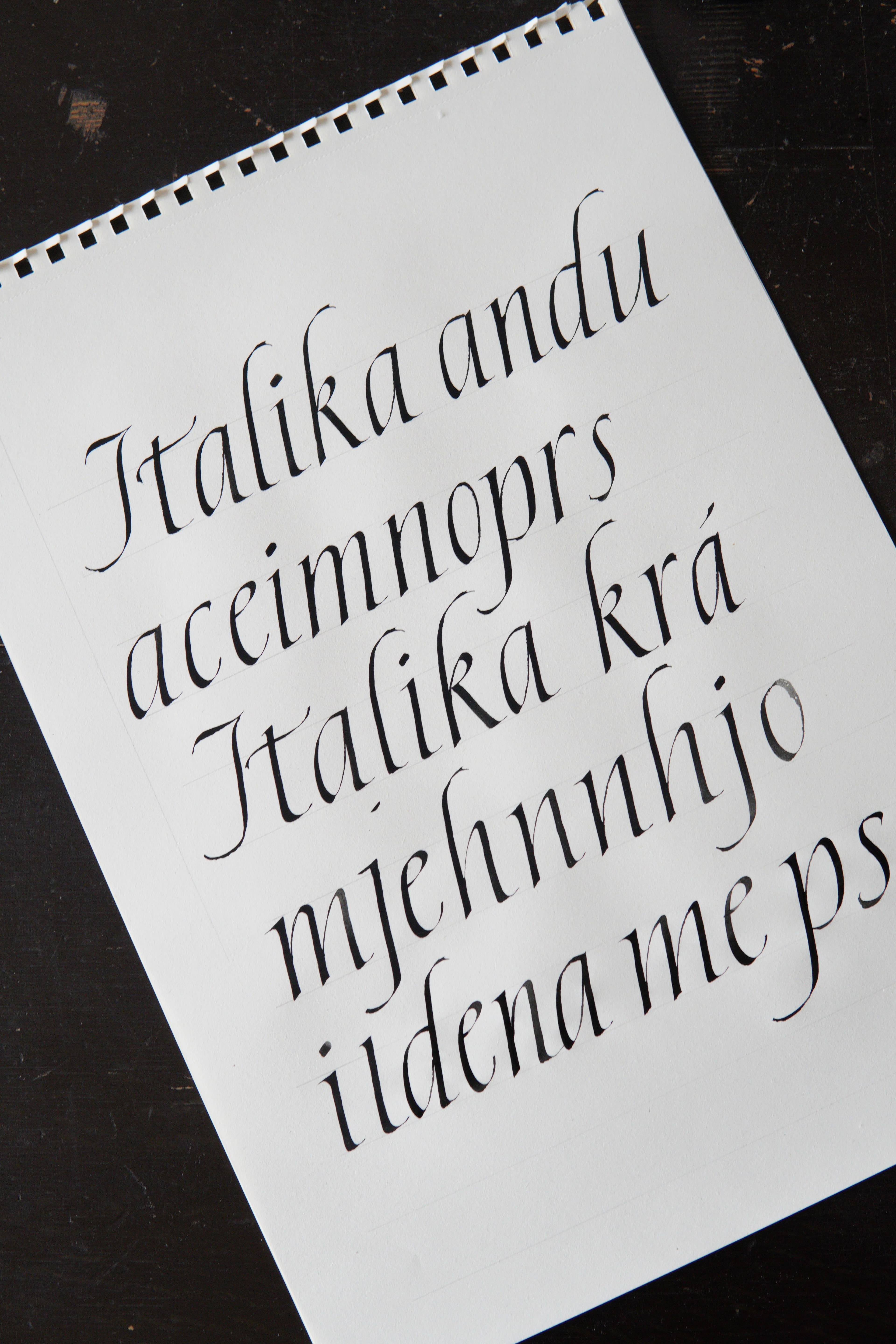 Detail italiky — slovo ‚cancellaresca' napsané hnědým inkoustem.